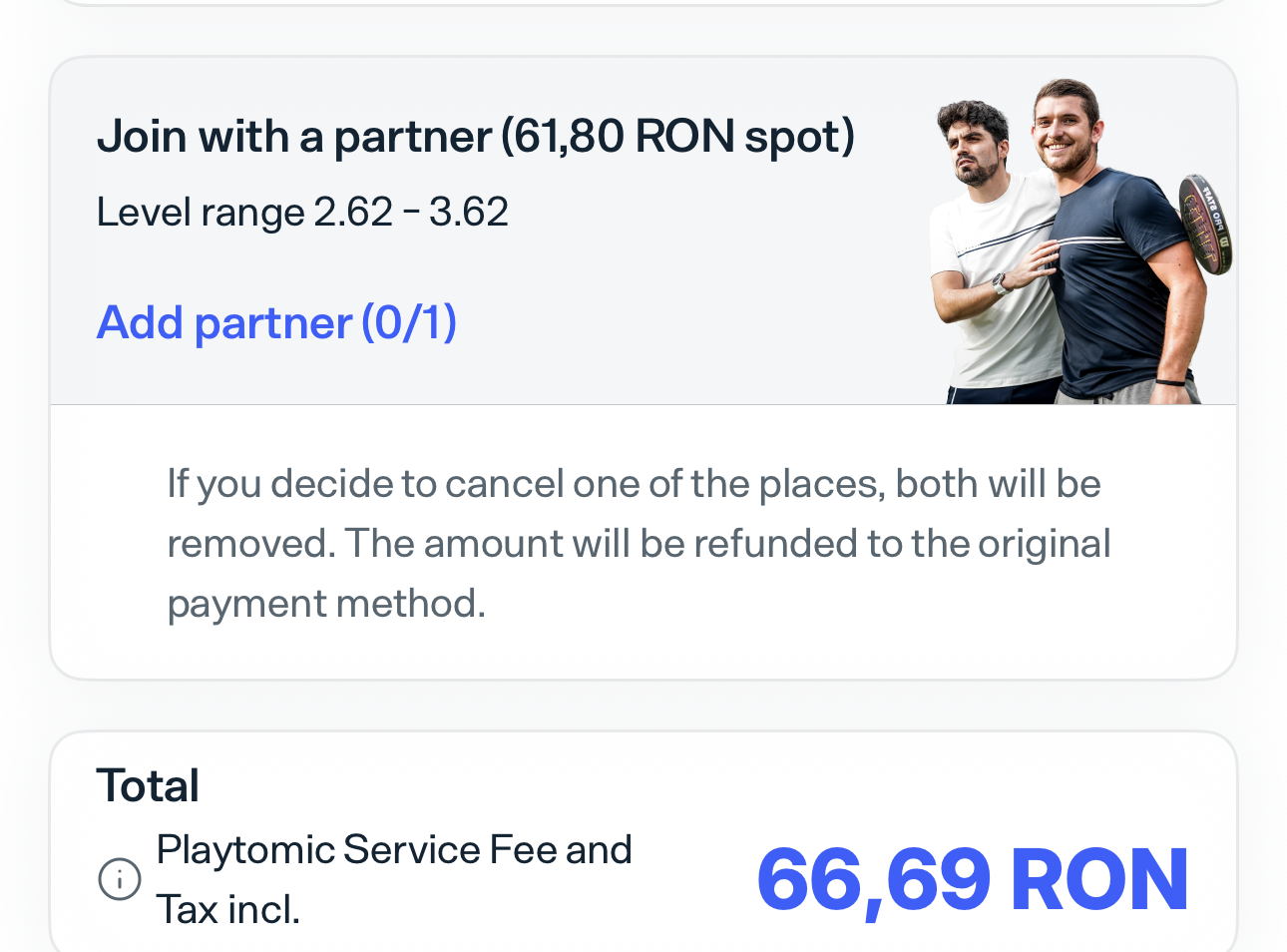 Playtomic open match showing service fee — spot costs 61.80 RON but player pays 66.69 RON