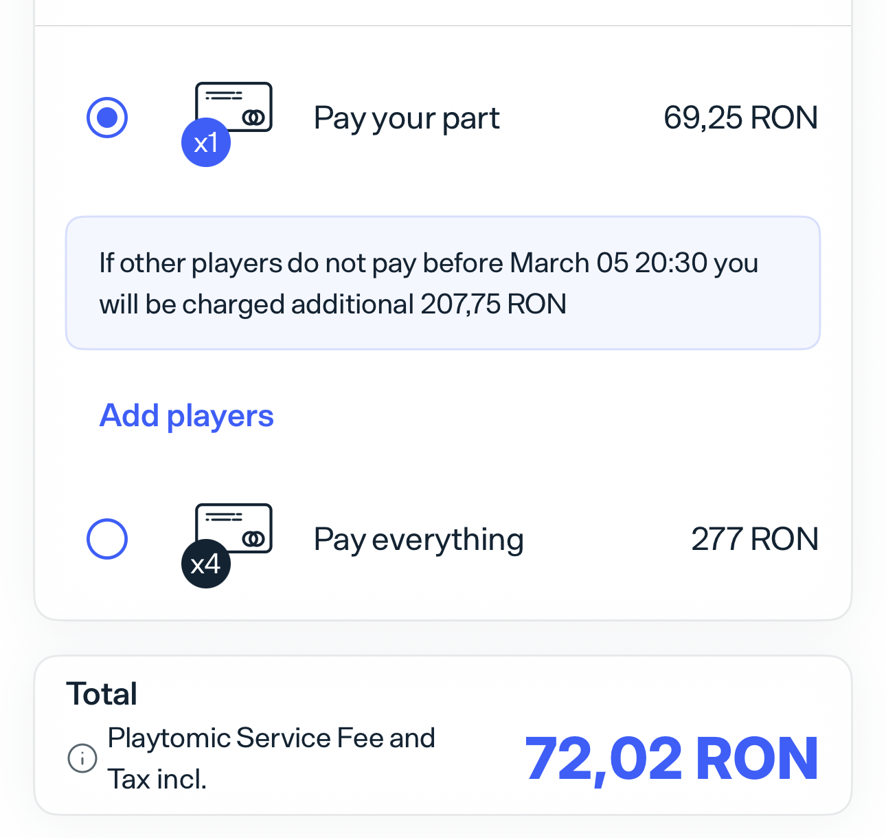 Playtomic regular match showing service fee — share is 69.25 RON but player pays 72.02 RON